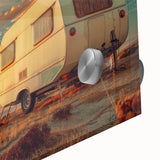 Mid-century modernist caravan depicted in muted earth tones on large acrylic glass, ideal for dining room art.