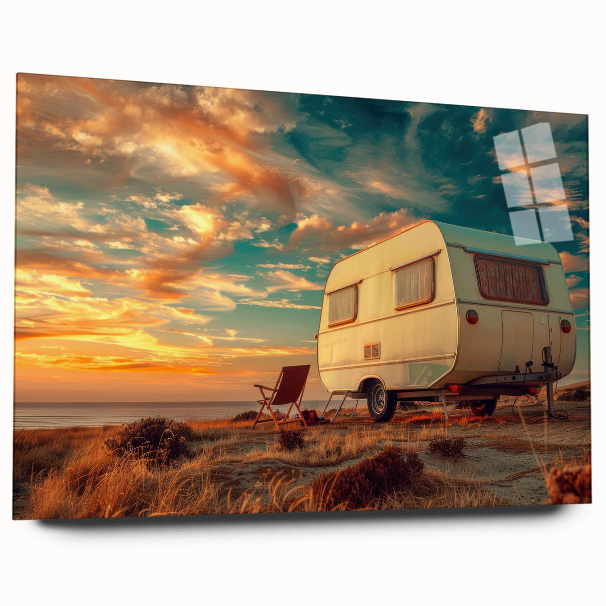 Acrylic print of a side-view caravan in muted earth tones, suitable as large abstract wall art for bedrooms or dining rooms.