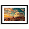 Abstract art print featuring a caravan in vibrant, textured colors on a large black-framed canvas.