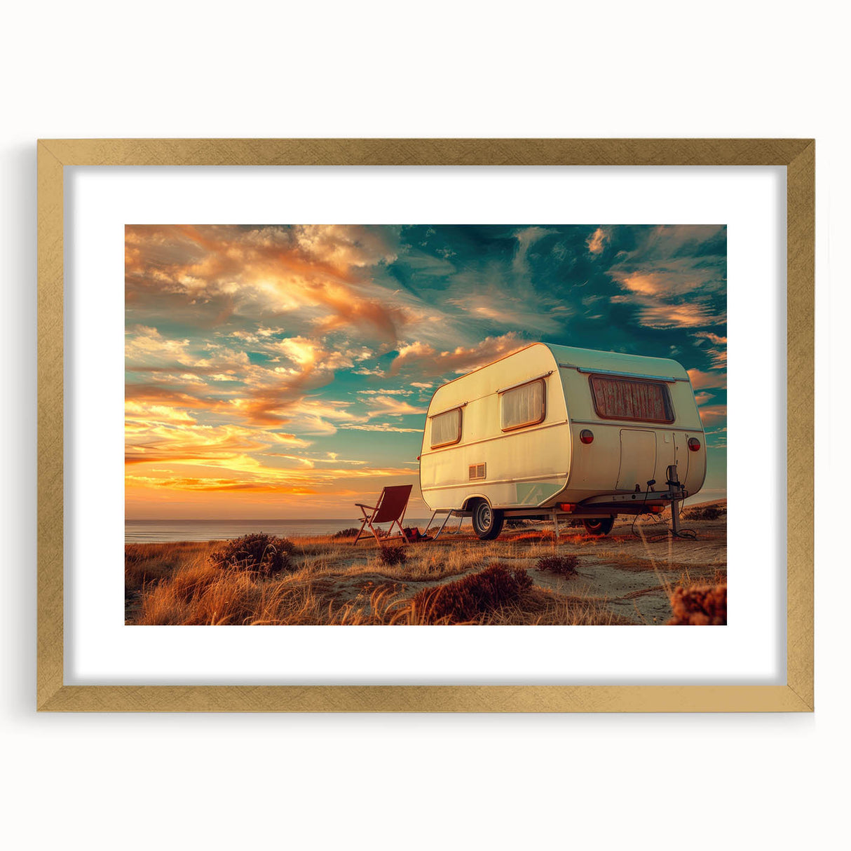 Textured abstract art print of a caravan in muted earth tones on a gold-framed canvas, suitable for bedroom wall decor.