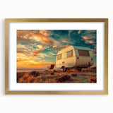 Textured abstract art print of a caravan in muted earth tones on a gold-framed canvas, suitable for bedroom wall decor.