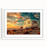 Extra large abstract art print of a stylized caravan in muted earth tones on a white framed canvas.
