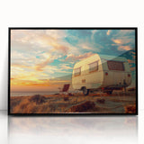 Large abstract wall art featuring a caravan in mid-century modernist style with vibrant colors on black acrylic.