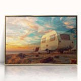 Mid-century modernist art featuring a caravan in muted gold and brown tones on a framed acrylic.