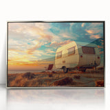 Art deco poster of a caravan in silver and gray tones, acrylic print in a silver frame, suitable for modern nursery decor.