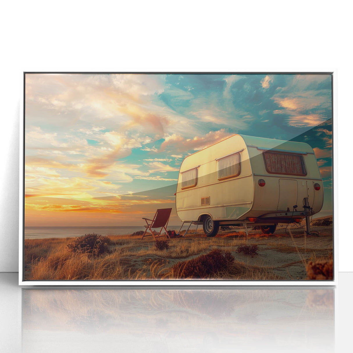 Mid-century modernist caravan illustration in muted blue and gray on white acrylic, ideal for nursery wall art.