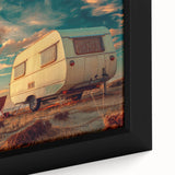 Close-up of a black canvas featuring a textured, colorful caravan design, suitable as extra large wall art for living rooms.