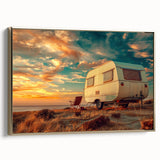 Framed canvas featuring a side view of a vintage caravan in black with colorful accents.