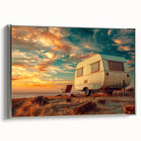 Vintage poster art of a colorful caravan on a black background, framed canvas, ideal for living room decor.