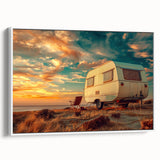 Framed canvas featuring a vintage black and white caravan landscape, ideal for bedroom wall decor.