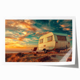 Rolled print of a caravan in muted earth tones, suitable as extra large wall art for dining rooms.