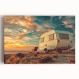 Black and white illustration of a caravan on stretched canvas, ideal for kitchen wall art.