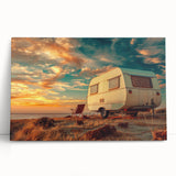 Black and white stretched canvas featuring a vintage caravan, ideal for kitchen wall art or bedroom decor.