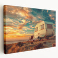 Side view of a vintage caravan in muted earth tones on a stretched canvas, suitable for kitchen wall art.