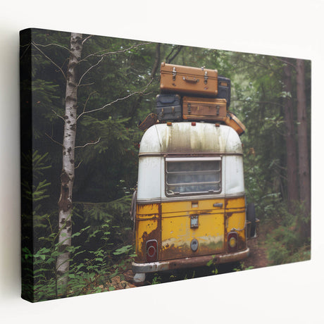 Side view of a colorful caravan depicted on a stretched canvas, suited for kitchen wall art.
