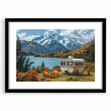 Abstract art print of a colorful caravan, featuring vibrant and textured hues, framed in black, ideal for living room decor.