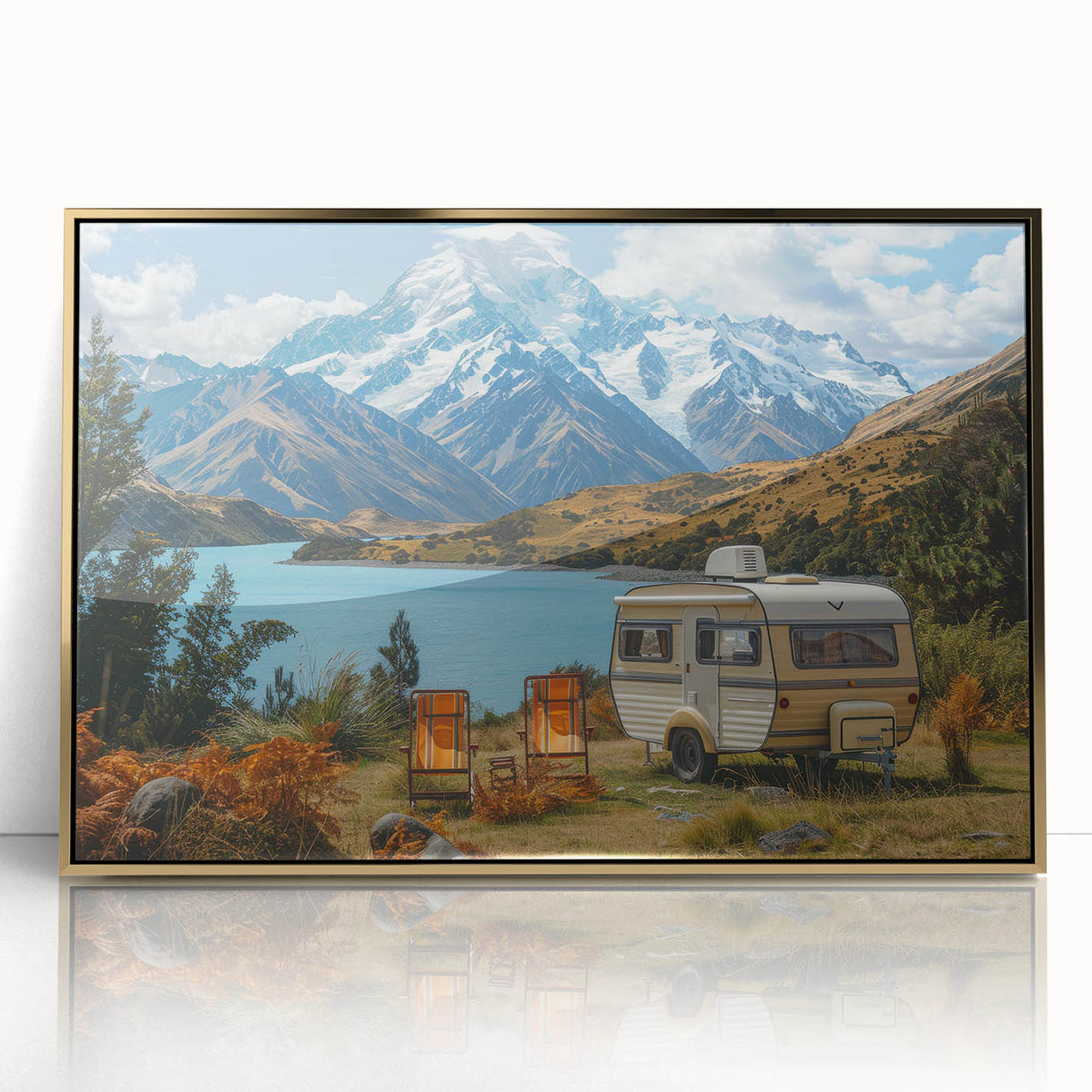 Mid-century modernist art depicting a caravan in gold and teal tones on a framed acrylic, ideal for nursery wall art.