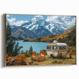 Vintage caravan in a desert landscape, framed canvas with a gold border, showcasing muted earth tones.