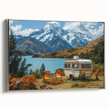 Vintage poster art of a silver caravan on a black background, framed canvas, ideal for living room decor.