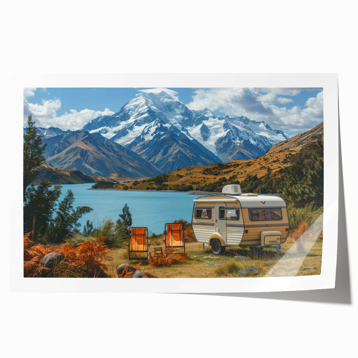 Extra large rolled print featuring a caravan in muted earth tones, ideal for art wall dining room.