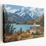 Vintage caravan in muted earth tones on a stretched canvas, ideal for kitchen wall art.