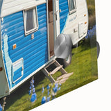 Large abstract wall art featuring a mid-century modernist caravan design in muted earth tones on acrylic glass.