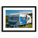 Abstract art print of a colorful caravan in textured style, extra large for living room, framed in black.
