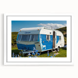 Extra large abstract art print featuring a textured caravan design in neutral tones, framed in white.