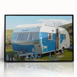 Large abstract wall art featuring a mid-century modernist caravan design in monochrome tones on a framed acrylic panel.