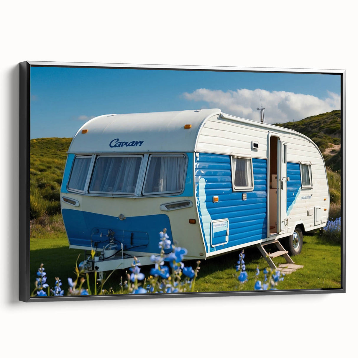 Black and white vintage poster art of a caravan landscape on framed canvas, ideal for bedroom wall decor.