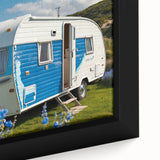 Black wall art featuring a colorful, textured caravan design on a framed canvas, ideal for living room decor.