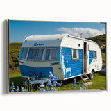 Vintage poster art of a colorful caravan on black framed canvas, ideal for extra large living room wall.