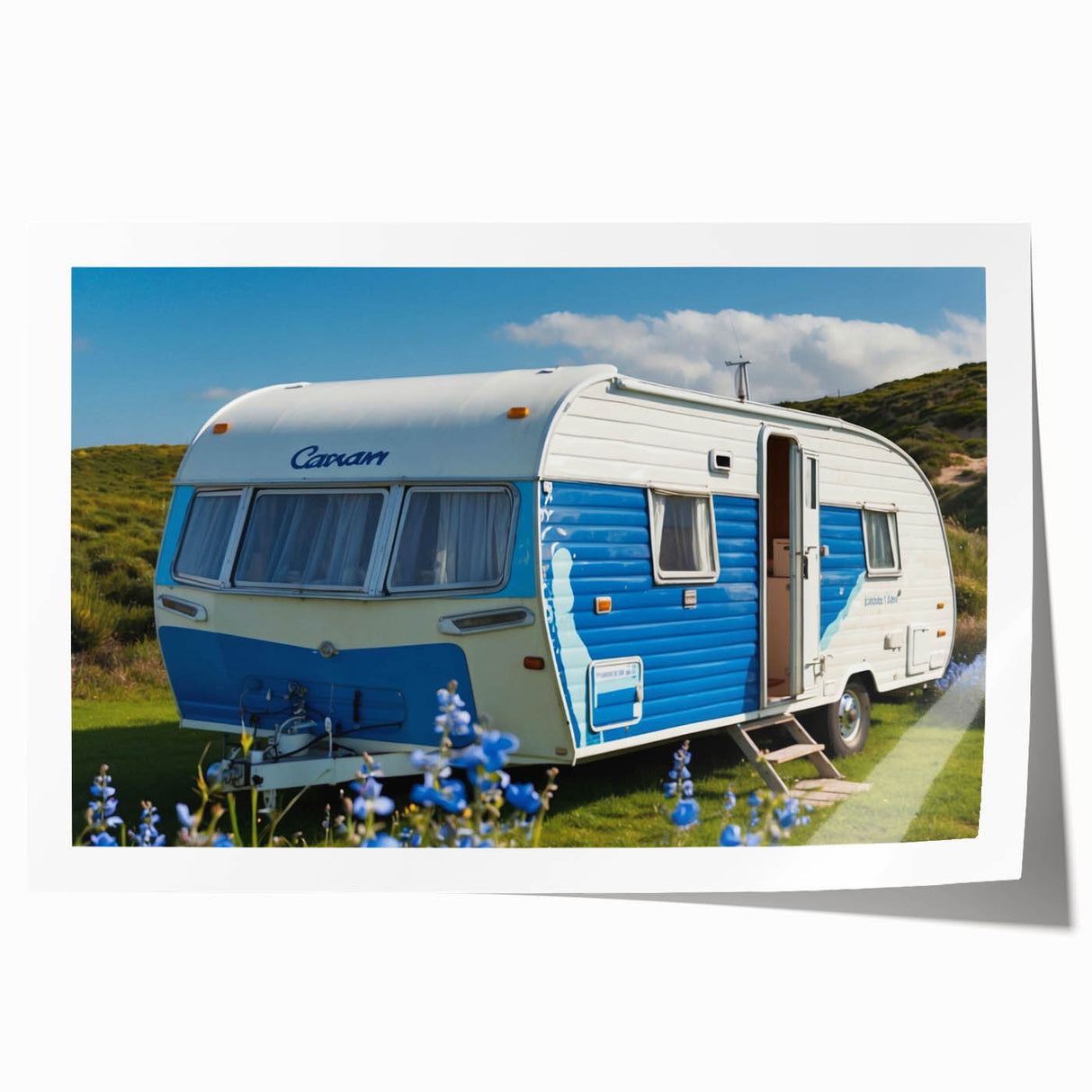 Rolled print of a vintage caravan in muted earth tones, ideal for art wall dining room decor.