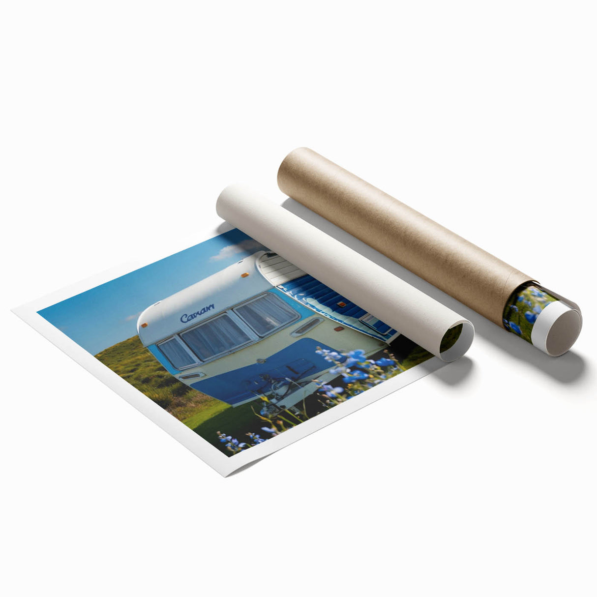 Extra large rolled print featuring a vintage caravan in muted earth tones, ideal for classy bathroom wall art.