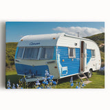 Black and white photo of a caravan on stretched canvas, suitable for kitchen wall art.