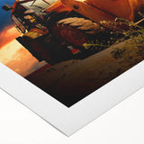 Art deco poster of vintage vehicles in muted browns and oranges on rolled canvas, ideal for dining room wall art.