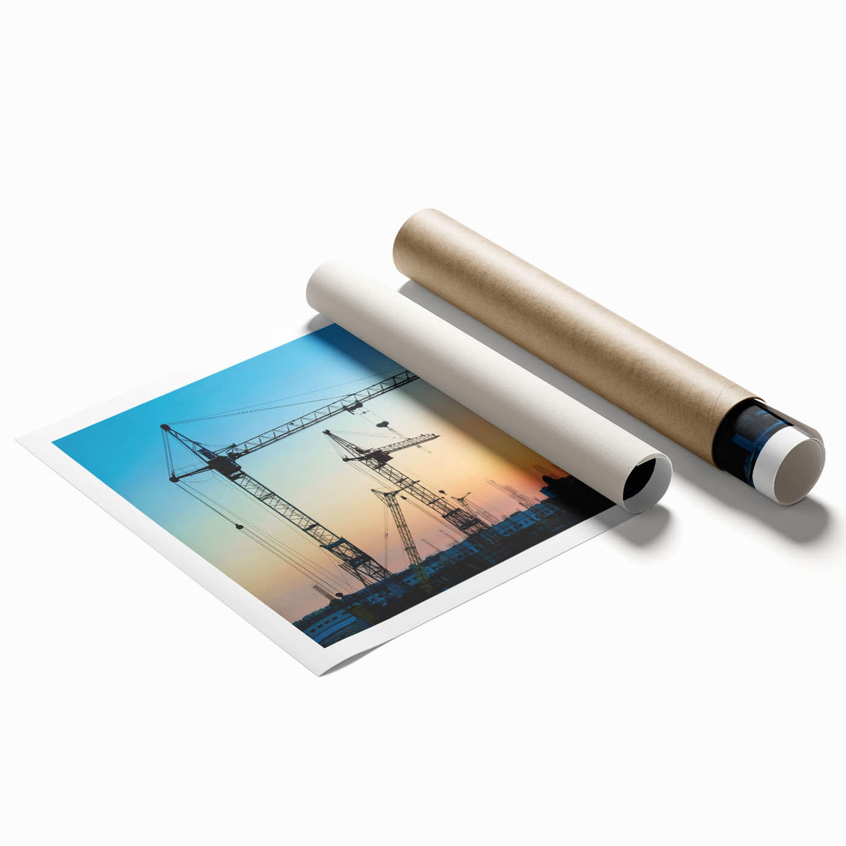 Extra large rolled print featuring a detailed illustration of vintage heavy equipment in muted earth tones.