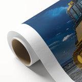 Art deco poster of vintage vehicles in muted colors on rolled canvas, ideal for nursery wall art.