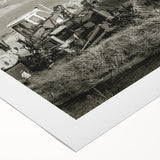 Art deco poster of a vintage car in monochrome shades on rolled canvas, suitable for dining room wall art.