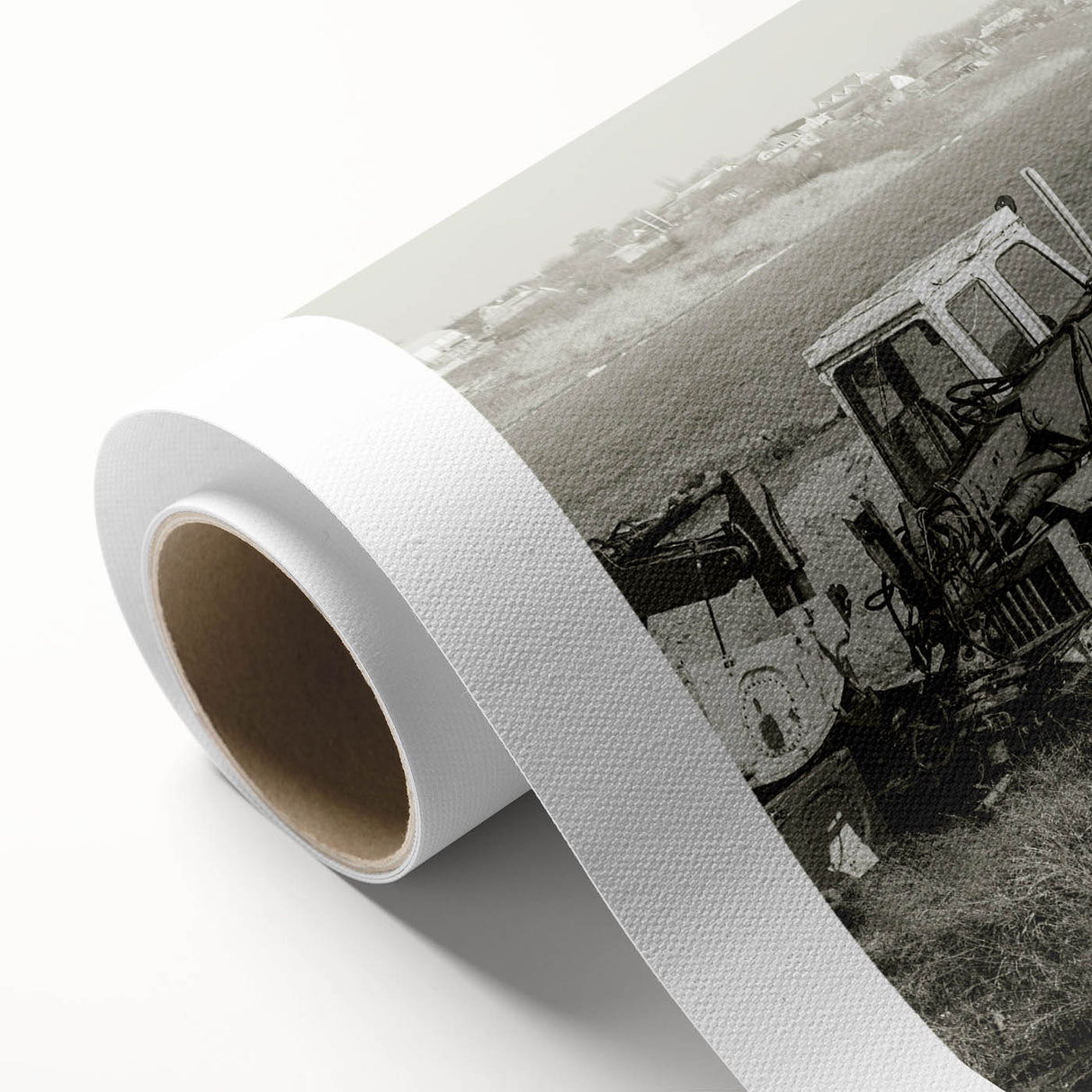 Art deco poster of stylized vintage vehicles in muted colors on rolled canvas, ideal for nursery wall art.