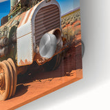 Large abstract wall art featuring mid-century modernist heavy equipment in muted earth tones on acrylic glass.