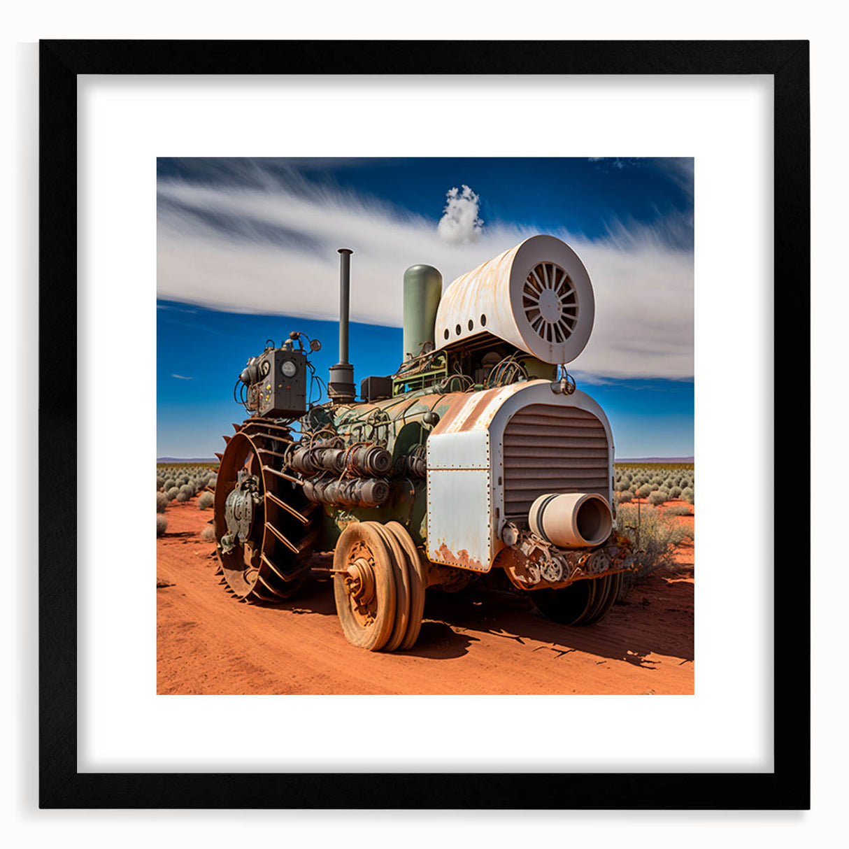 Extra large abstract art print featuring colorful, textured vehicles, framed in black, ideal for living room decor.