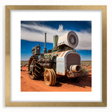 Extra large abstract art print of heavy equipment in gray tones on a textured canvas, ideal for living room decor.