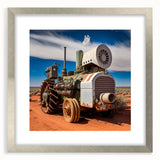 Textured abstract art print depicting industrial equipment in muted gray and silver tones on a framed canvas.