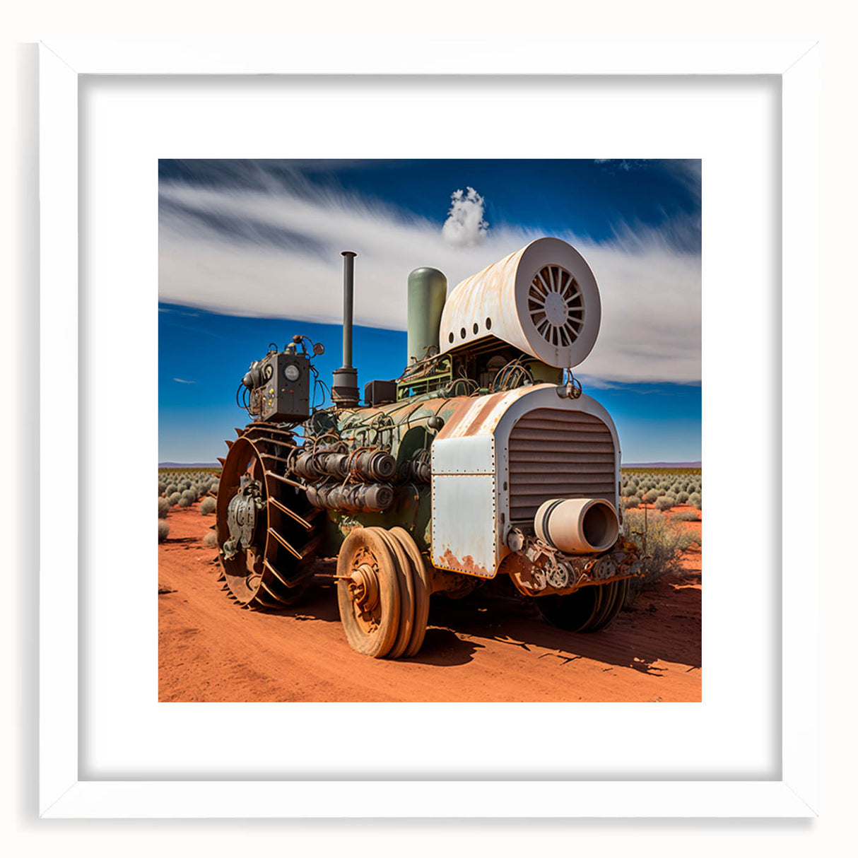Abstract art print of stylized heavy equipment in muted earth tones, framed in white, ideal for dining room decor.