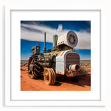 Abstract art print of stylized heavy equipment in muted earth tones, framed in white, ideal for dining room decor.