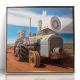 Mid-century modernist art of vibrant, colorful abstract vehicles on a gold-framed acrylic print, ideal for nursery wall art.