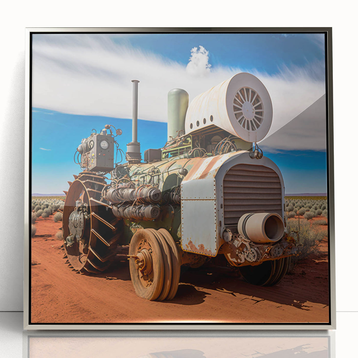 Mid-century modernist art of a vintage car in silver and black tones, acrylic print framed in silver.