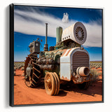 Black and white framed canvas featuring a vintage poster of landscape art with heavy equipment, ideal for bedroom decor.