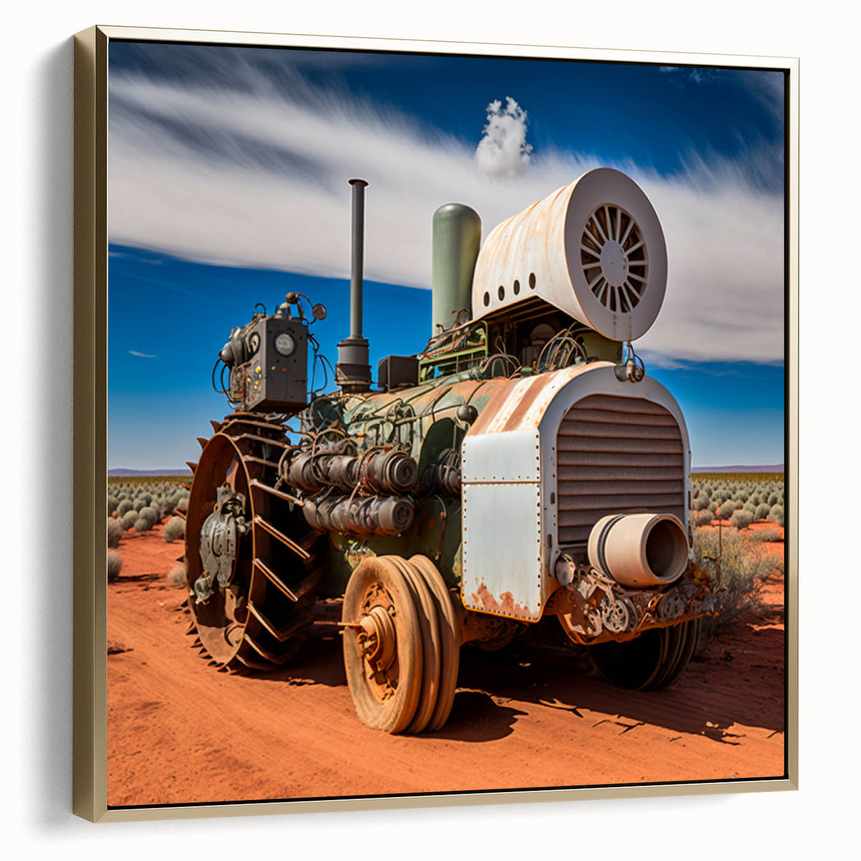 Framed canvas of a vintage black steam locomotive in a landscape setting, ideal for bedroom wall art.